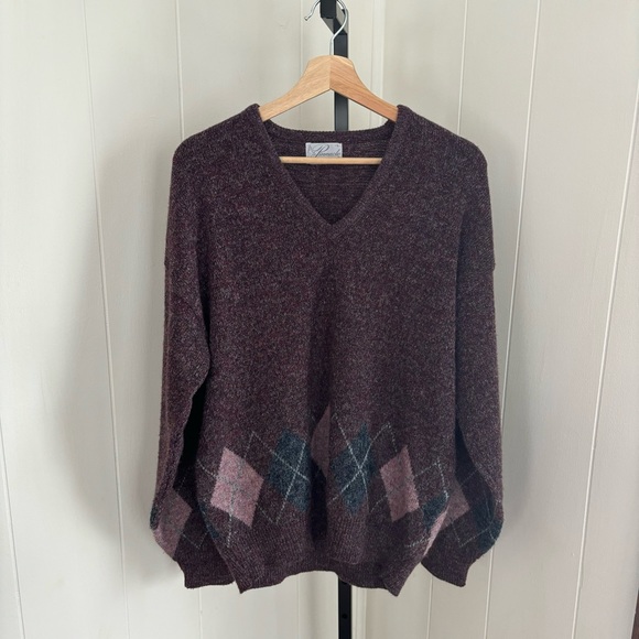 Vintage Pinnacle Wool Acrylic Blend Purple Argyle V Neck Pullover Sweater Men L - Picture 2 of 5